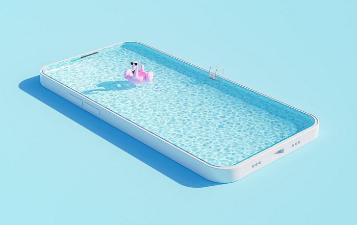 Schwimmbecken in Form eines Smartphones mit Flamingo