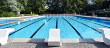 leeres 50-m-Schwimmbecken mit Startblöcken