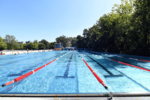 Blick auf das leere 50-m-Schwimmbecken