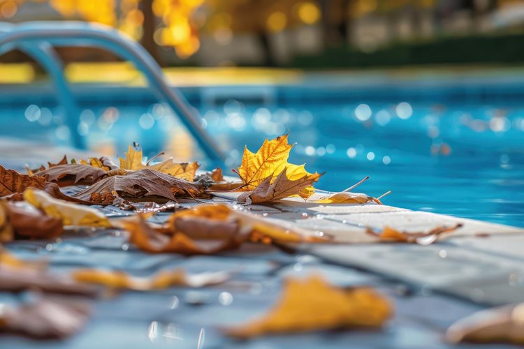 Detailausschnitt eines Beckenrands eines Pools mit Herbstlaub